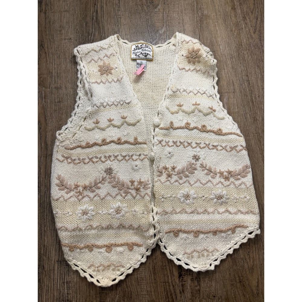 Heirloom Collectibles Vintage 1994 Floral Knit Sweater Vest Cream Tan Medium